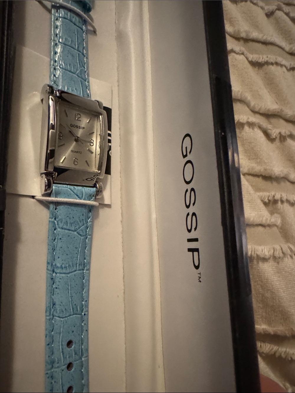 Gossip Women's Sky Blue Leather-Style Strap Square Watch with Silver Case